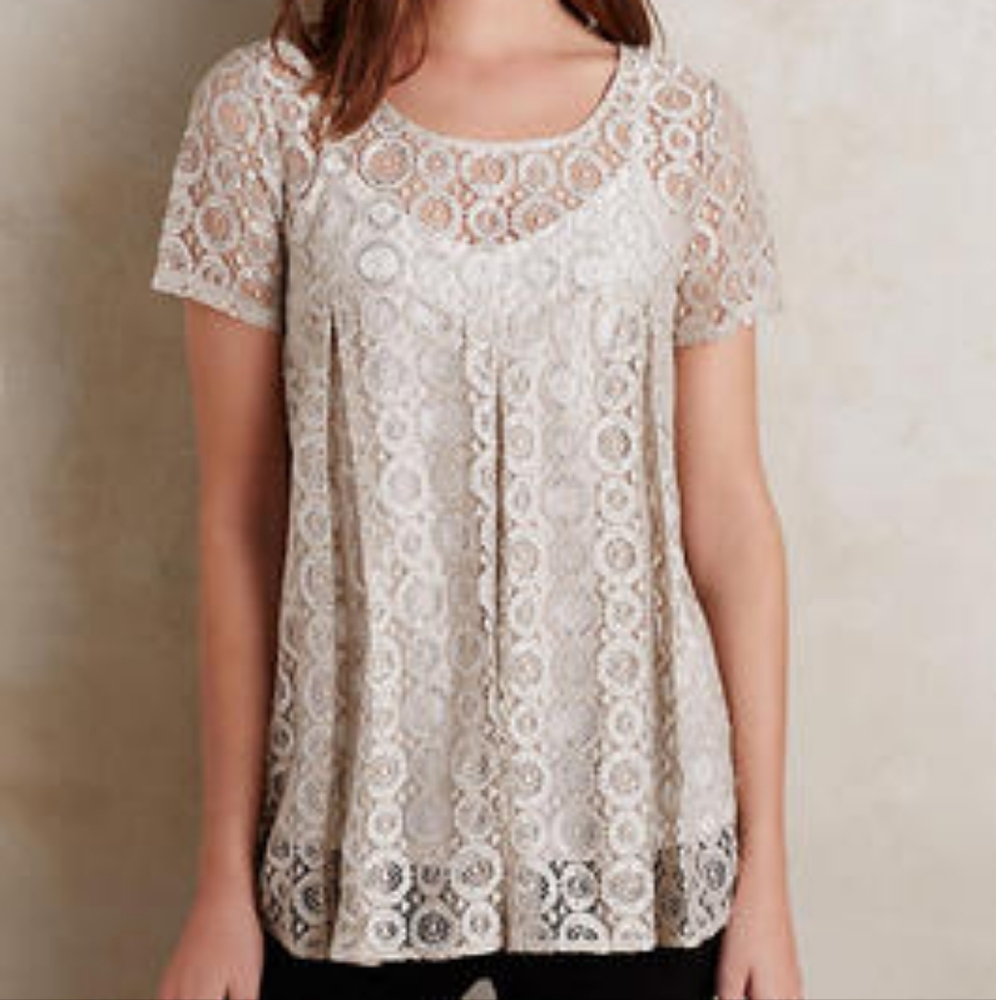 Anthropologie Akemi + Kin Metallic Lace Babydoll Top Beige Women’s S